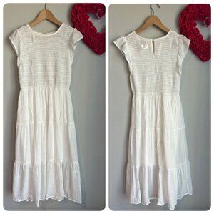 August Sky Womens Smocked Ruffle Sleeve Tiered Midi Summer Dress SMALL White